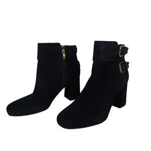 Franco Sarto Womens Ankle Boots 9 Black Suede Leather Buckle Classic Booties